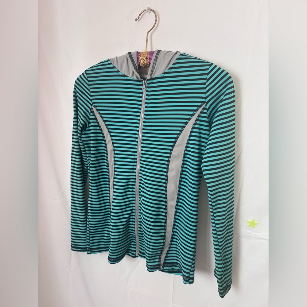 Teal Black Striped Cybergrunge Activewear Women’s Zip Up Hoodie‎ Size M/L